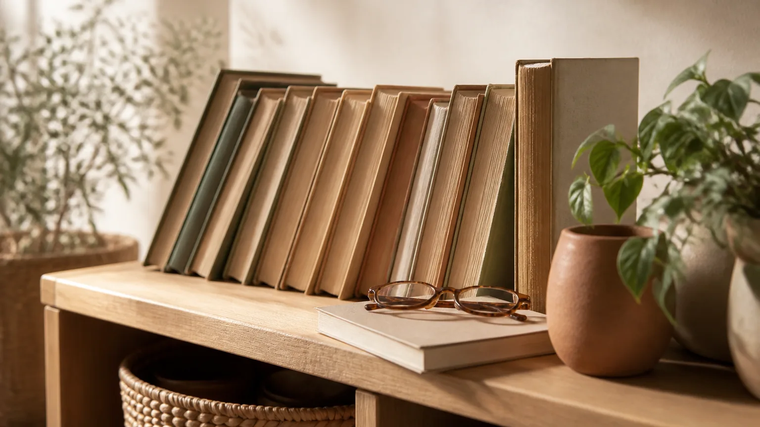 Une bibliothèque basse en bois clair et un fauteuil de lecture, dans la lumière d'une fin d'après-midi.