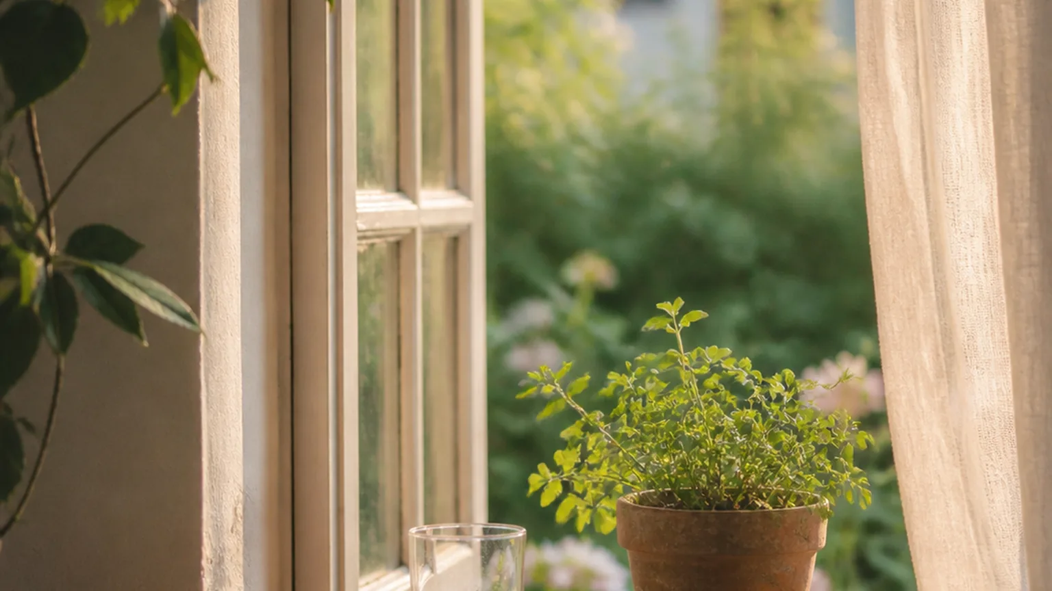 Un ordinateur portable fermé sur une table de bois, près d'une fenêtre ouverte sur un jardin.